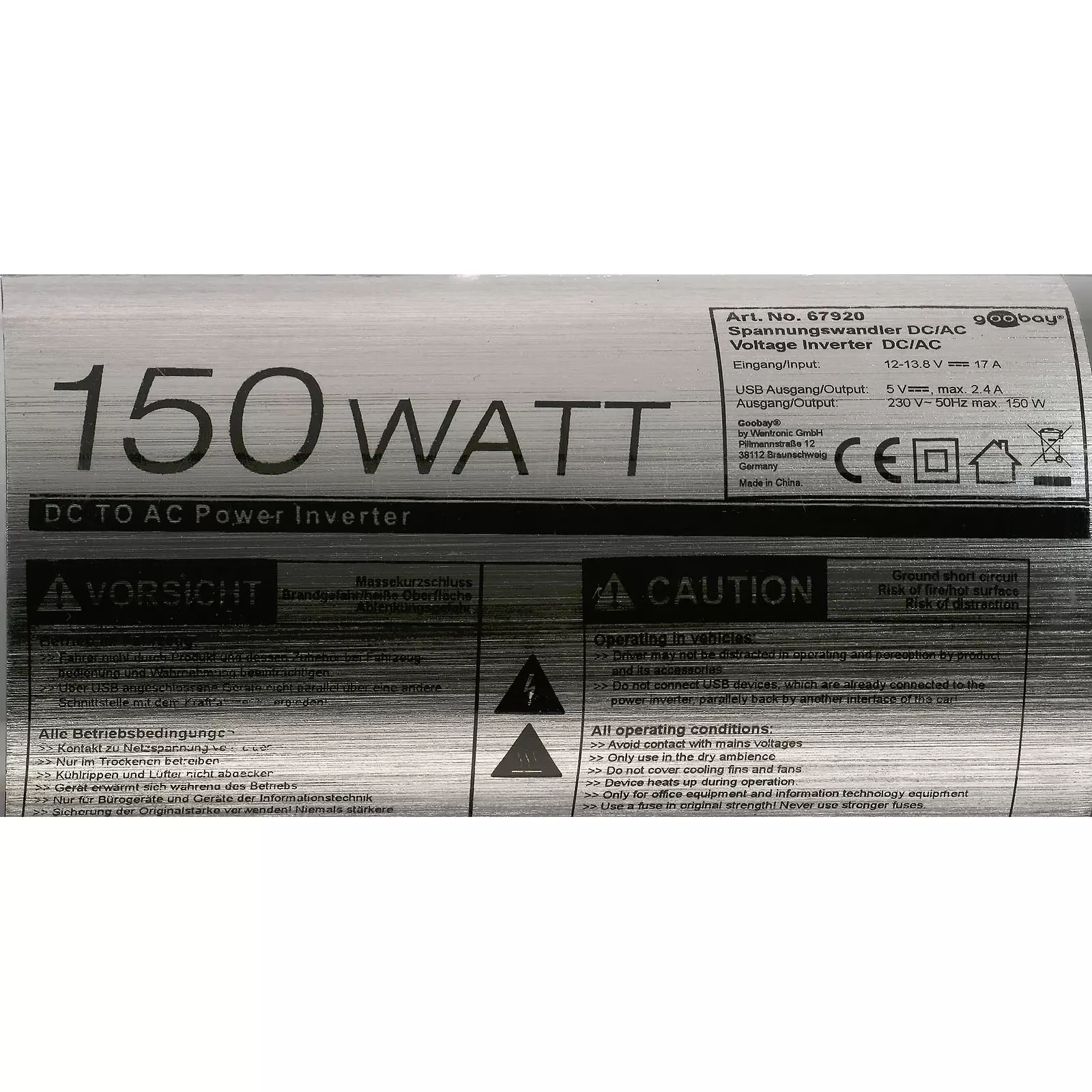 Kfz-Inverter/ Spannungswandler  2in1 12V DC in 230V AC, inkl. USB (5V 2,4A)