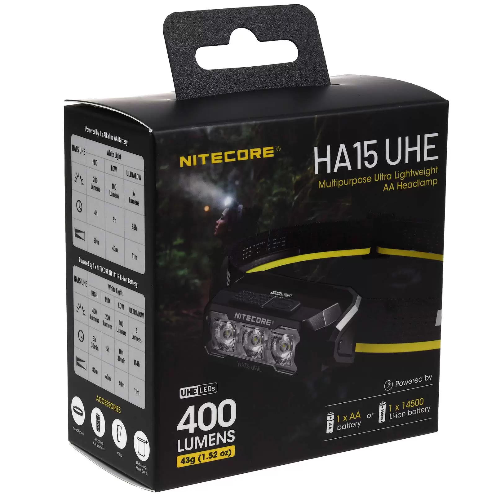 Nitecore HA15 UHE LED Kopflampe, Stirnlampe, Headlamp, max. 400 Lumen