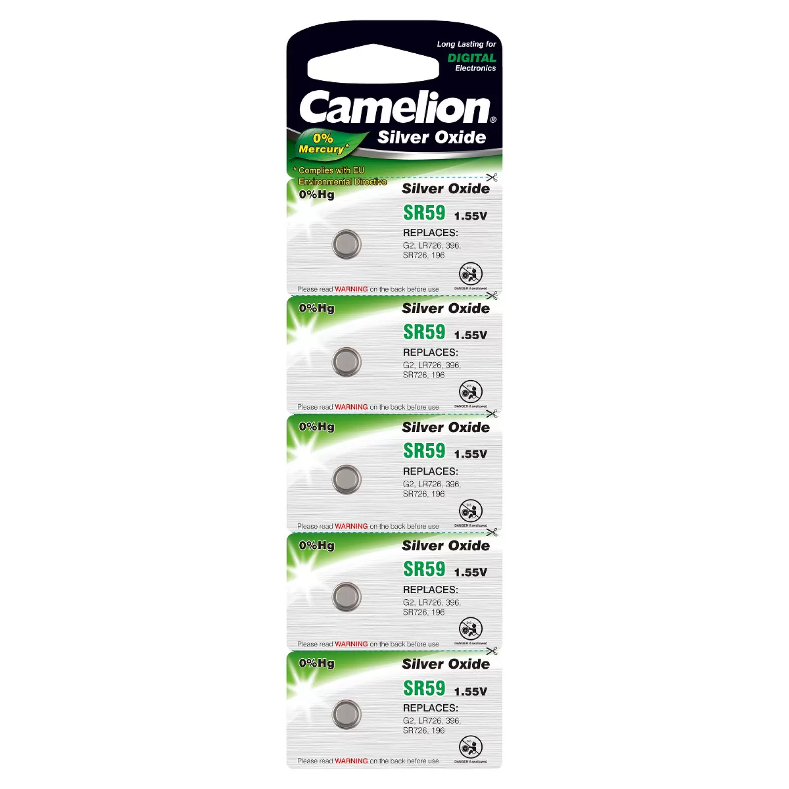 Camelion Silberoxid-Knopfzelle SR59 / SR59W / G2 / LR726 / 396 / SR726 / 196   5er Blister
