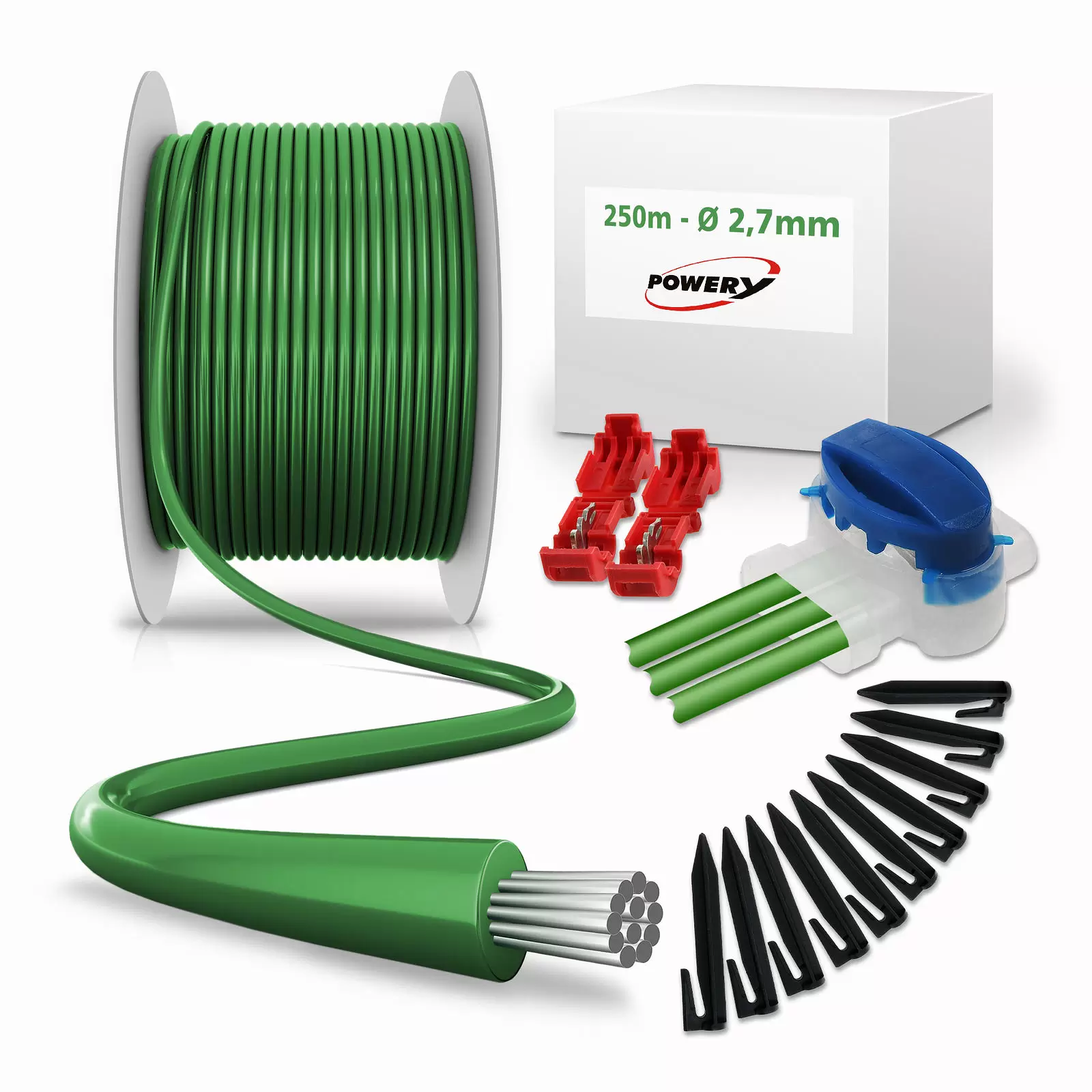Reparatur-Set mit 250m Begrenzungskabel 2,7mm, 300 Haken, 10 Verbinder, 4 Klemmen für Mähroboter