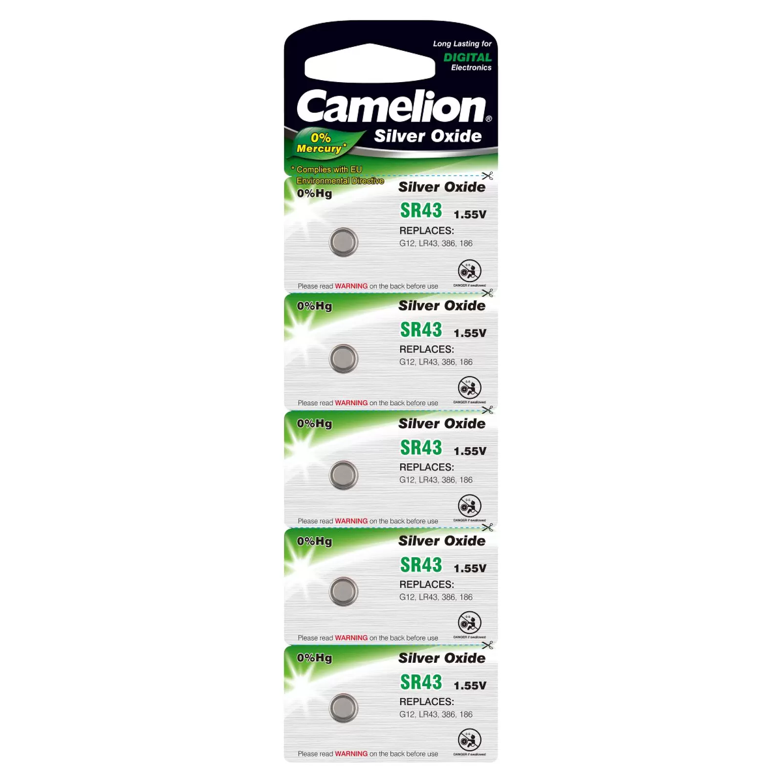 Camelion Silberoxid-Knopfzelle SR43 / G12 / 386 / LR43 / 186 5er Blister