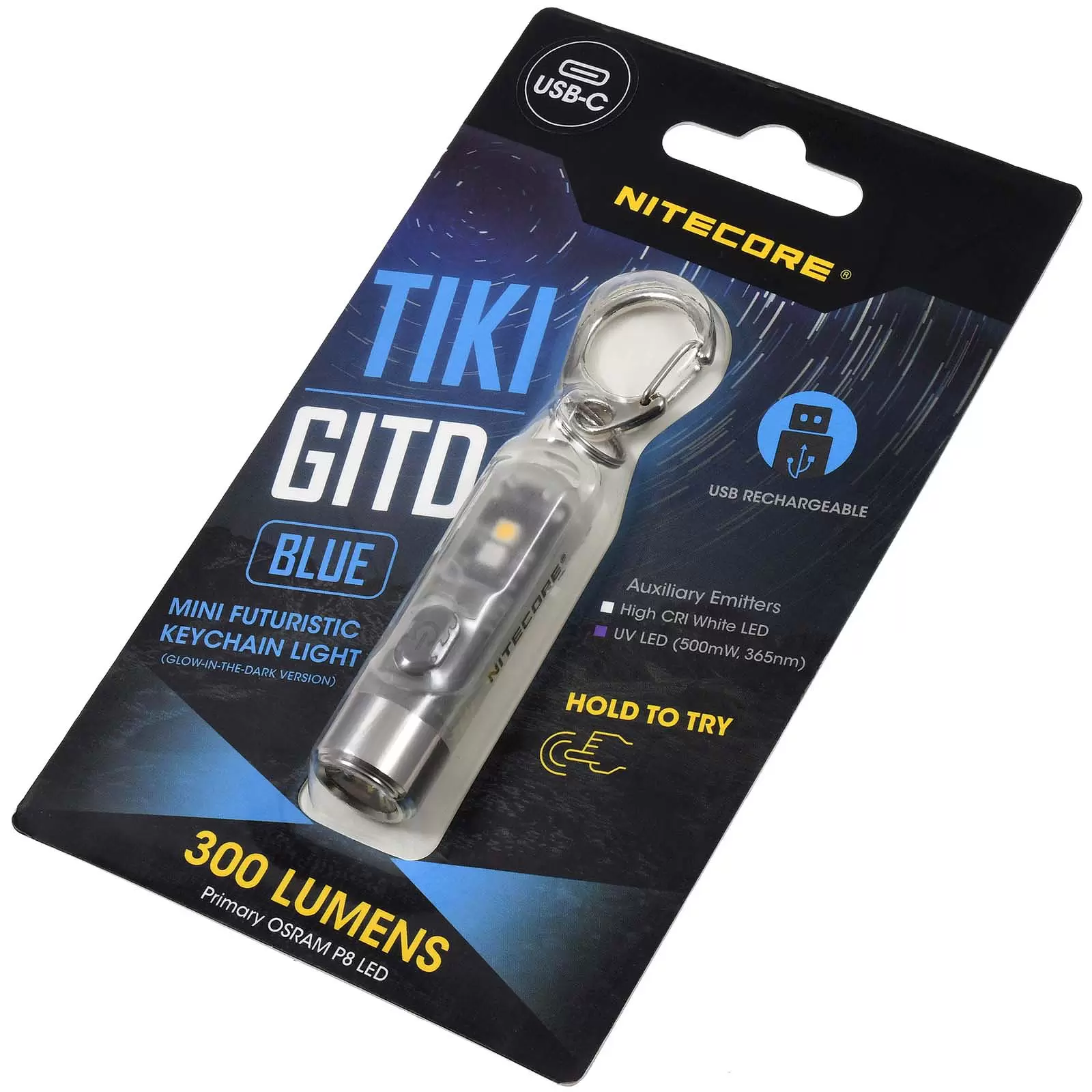 Schlüsselanhänger-Taschenlampe Nitecore TIKI  GITD - Glow in the Dark, Blau, mit USB-C