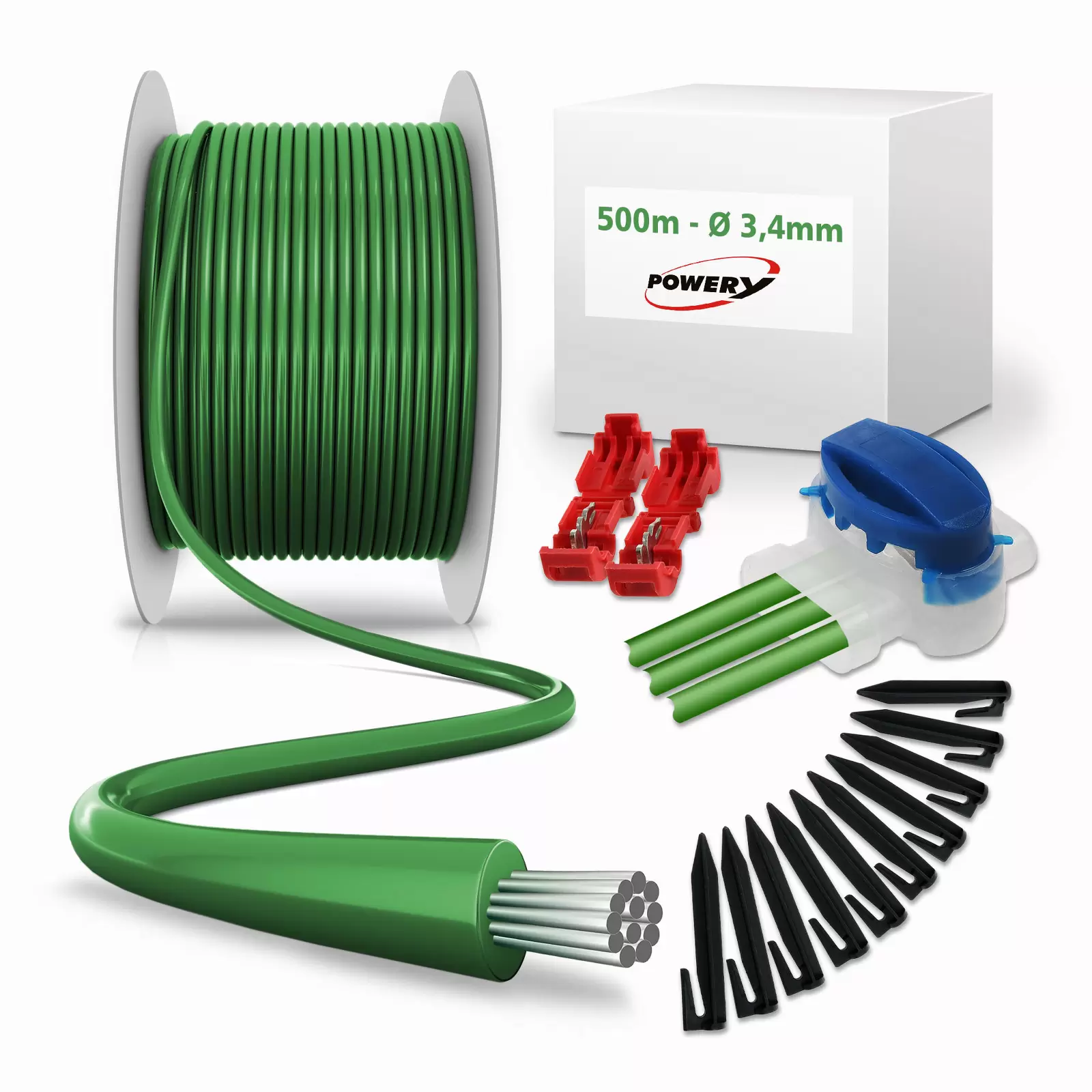 Reparatur-Set mit 500m Begrenzungskabel 3,4mm 600 Haken, 10 Verbinder, 4 Klemmen für Mähroboter